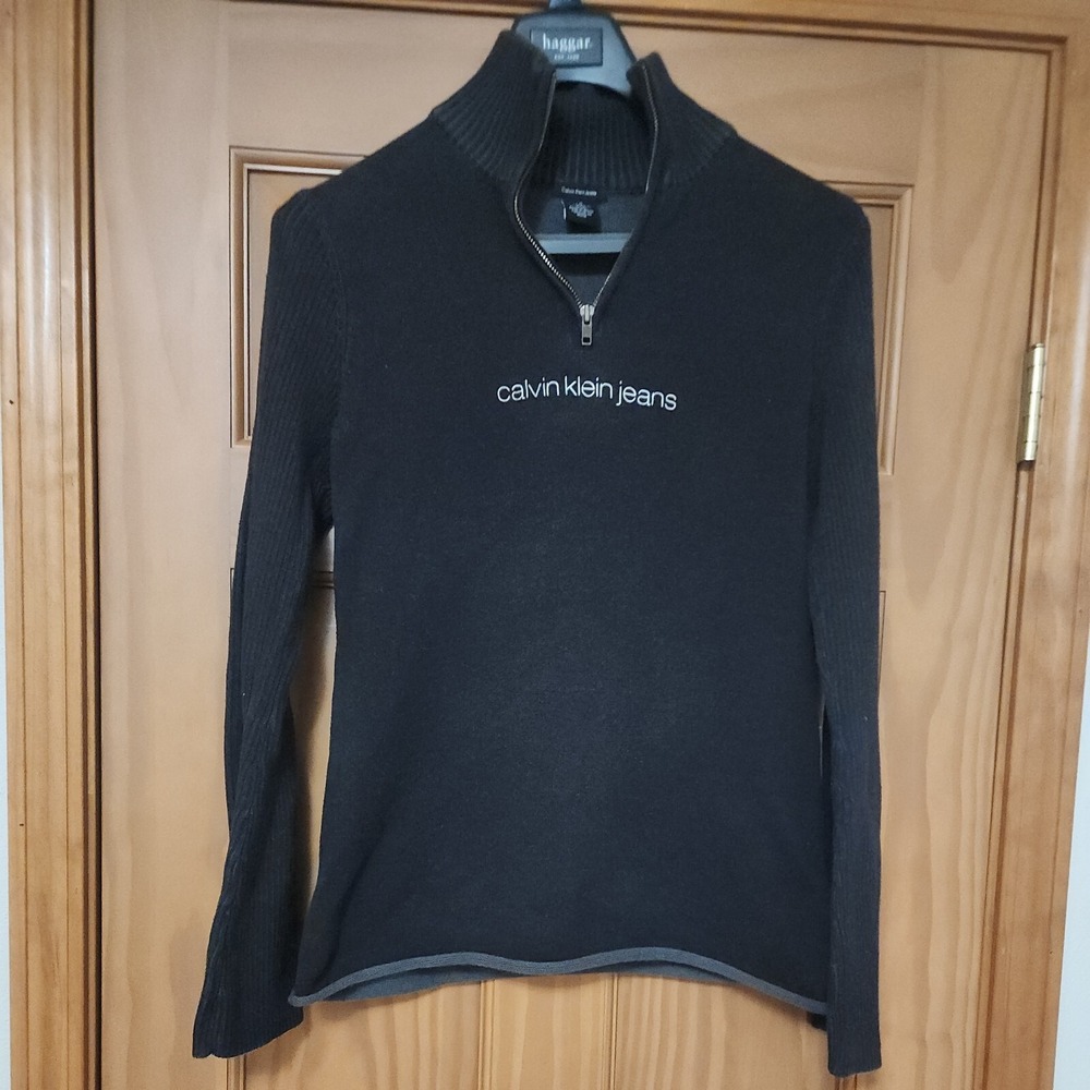 Calvin‎ Klein Jeans Large Sweater Women's  1/4 Zip Gray Black High Neck Logo y2k